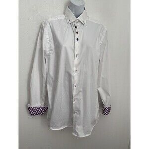 Massetti Women’s White Button Up Shirt Long M Flip Cuff Hearts Cotton EUC Cute